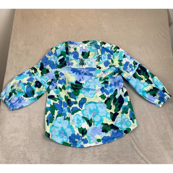 Charter Club Womens Blouse Medium 100% Linen Blue Floral Square Neck Boho - Picture 8 of 9